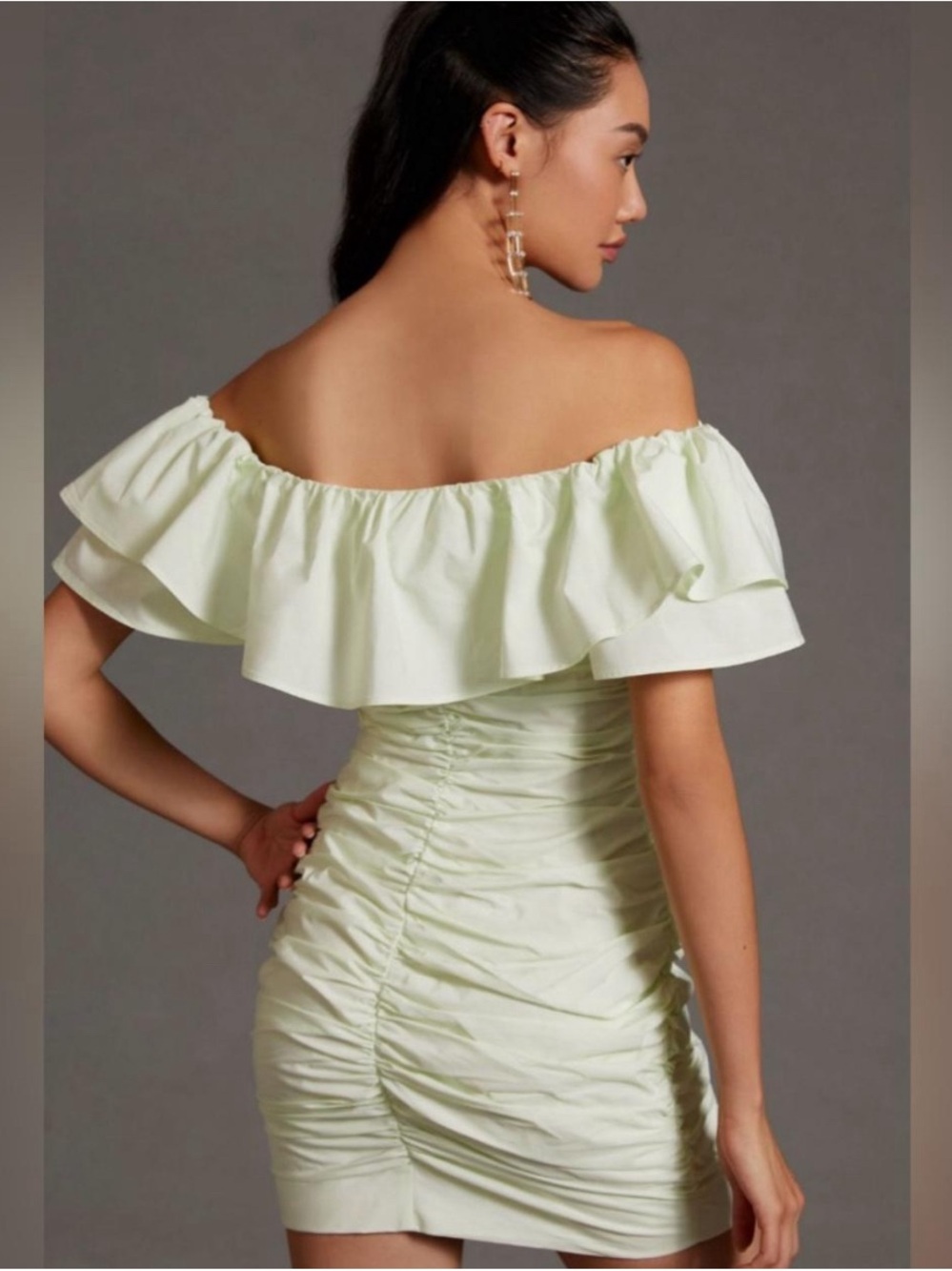 Anthropologie Off-Shoulder Ruffle Mini Dress in Pale Green